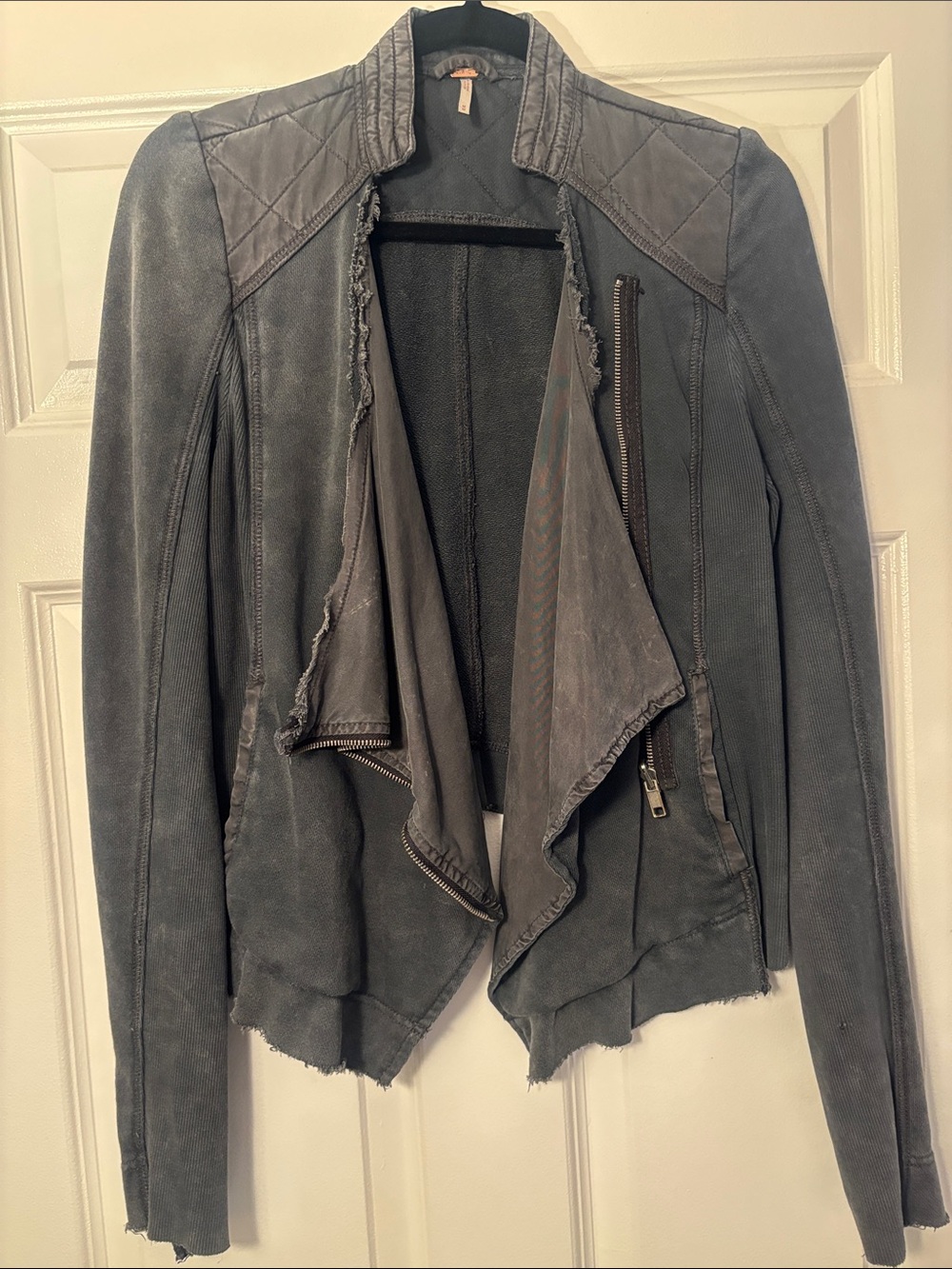 Free People Gray Draped White-Washed Lived In Look Moto Jacket